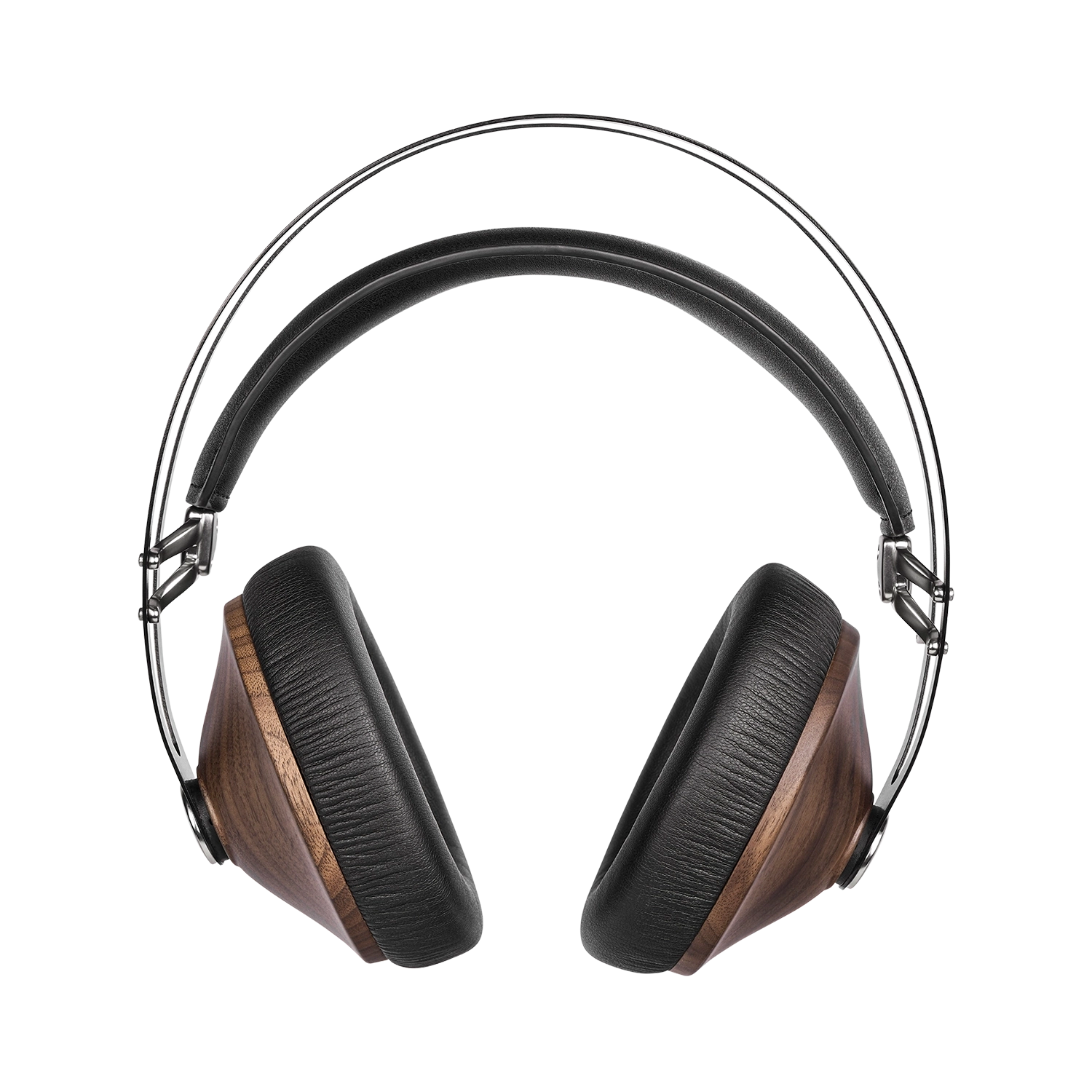 Detailed close-up showing the craftsmanship of the walnut wood ear cups of these closed-back audiophile headphones, emphasizing premium build quality.