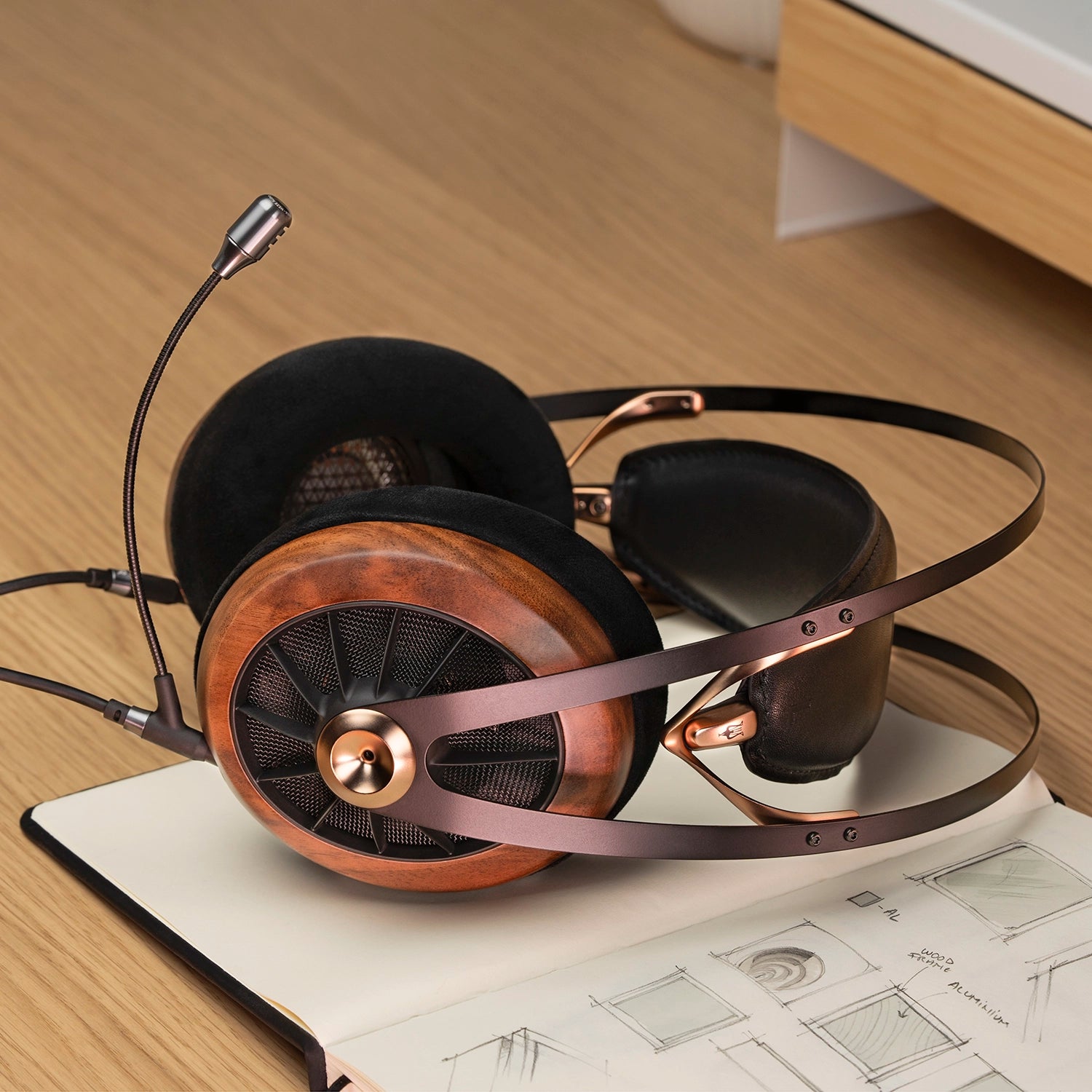 Meze Audio 109 PRO premium audiophile open-back headphones with wooden earcups coupled with the boom mic