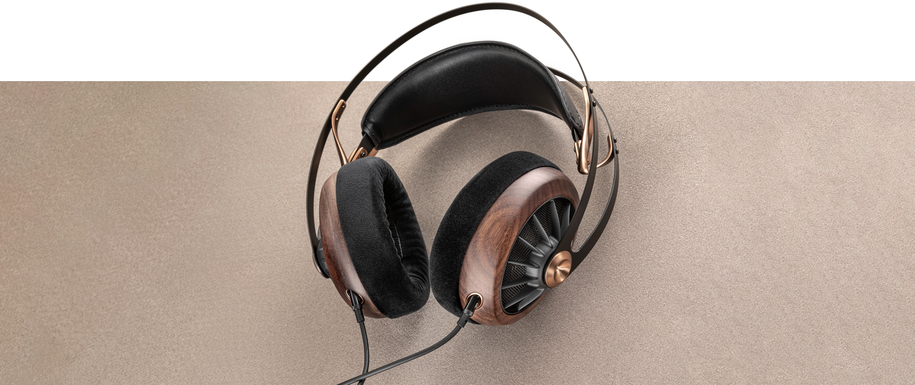 Meze Audio 109 PRO best open back audiophile headphones top view with walnut wooden cups and velvet earpads