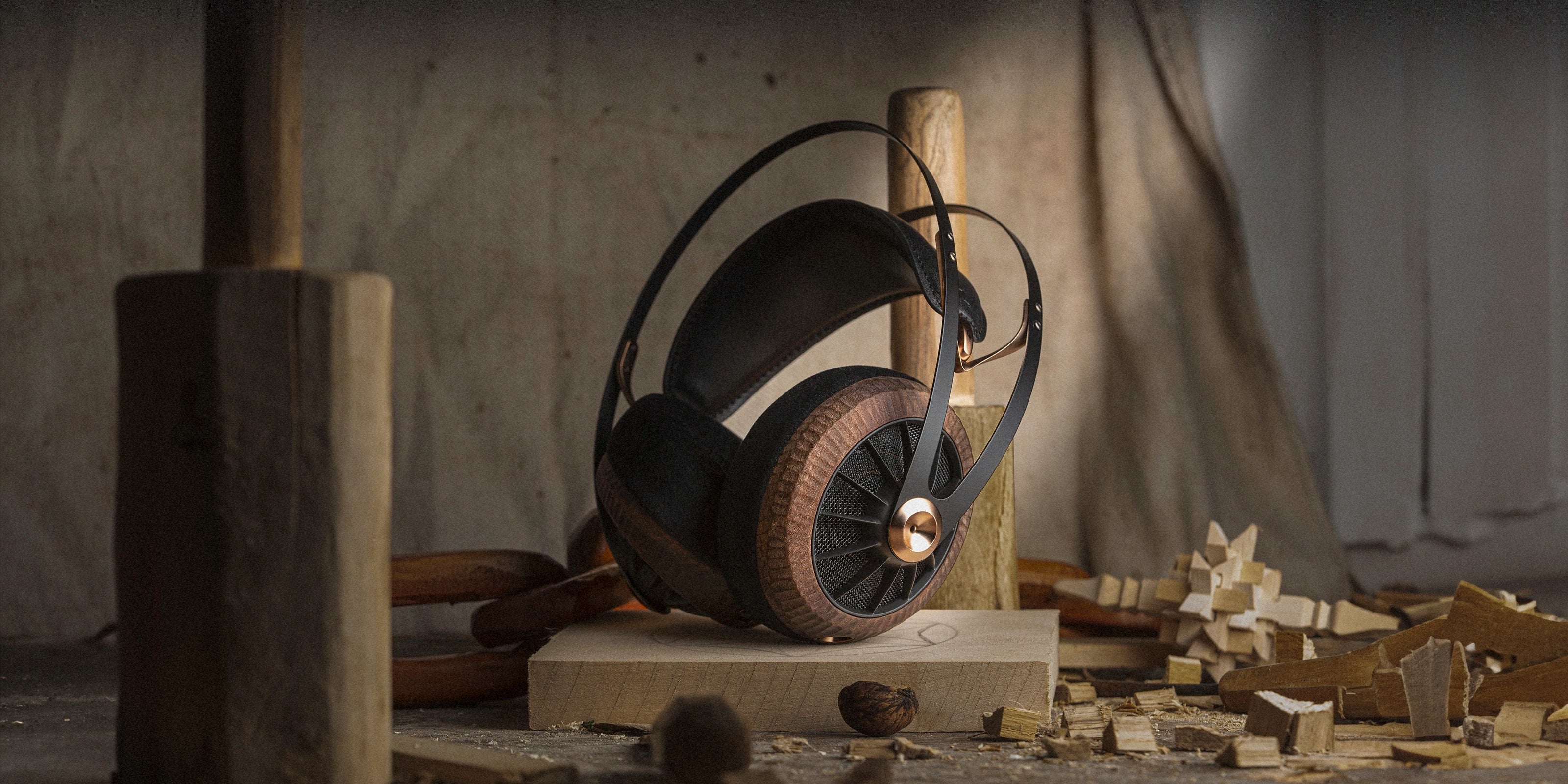 Meze Audio 109 PRO Primal dynamic drive open back audiophile headphone in a wood shop